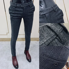 Men Striped Woolen Suit Pants 2023 Autumn Winter Casual Trousers Thicken Keep Warm Pantalones Hombre Slim Fit Dress Pants Men