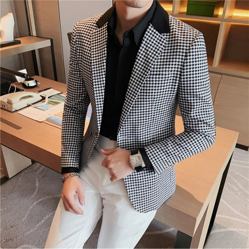 Suit Men's British Style Slim Elegant Fashion Business Casual Dress Tuxedo Spliced Collar Plover Case Blazer Jacket