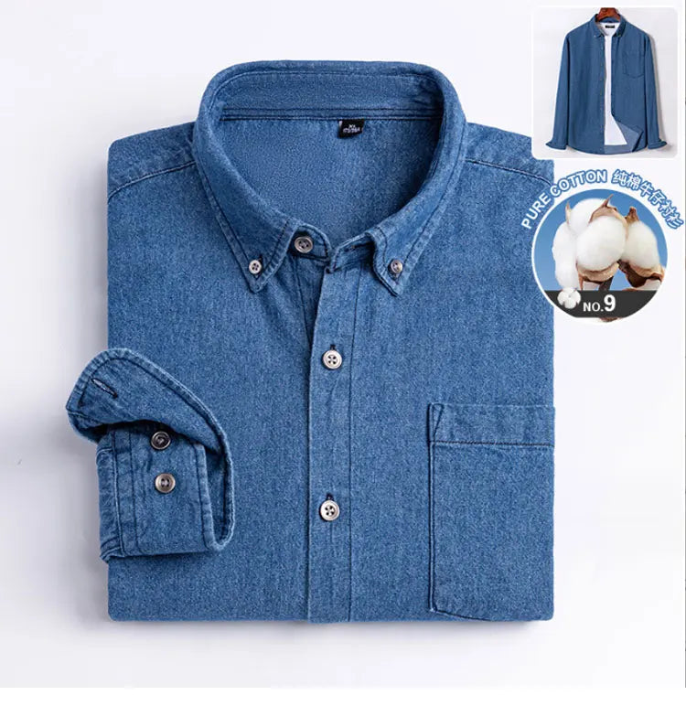 100% cotton denim young and middle-aged men's long-sleeved shirt autumn and winter casual no-iron solid color high quality