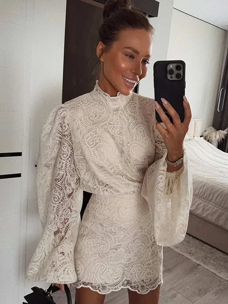 Women Lace Hollow Out Mini Dress Elegant Long Sleeve Designs Chic High Neck Short Vestidos 2026 Trendy Spring Club Night Gown
