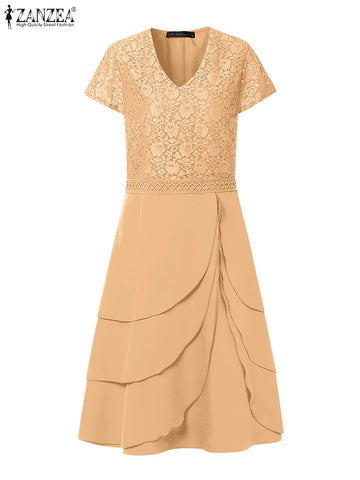 ZANZEA Summer Women Dresses 2025 Elegant Lace Patchwork Sundress Fashion O Neck Short Sleeve Holiday Party Vestidos Robe Femme