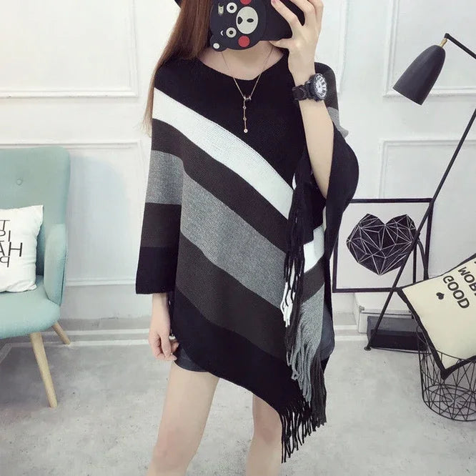 Pull Femme Autumn Winter Women Tassel Knitted Sweater Poncho  Striped V Neck Irregular Hem Casual Loose Pullover Coffee P6