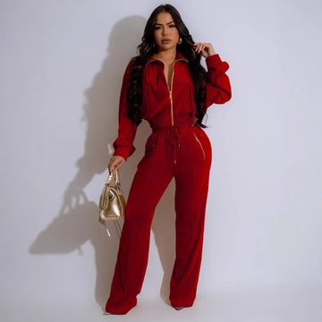 Women's 2-piece Set Retro Short Zipper Bomber Jacket Sweatshirt + High-waisted Trousers Sets Women's Velvet Pants Suit Outfits