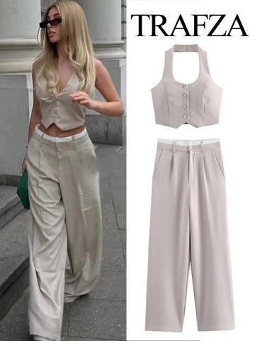 TRAFZA Women's Street Vest Set Retro Backless Halter Collar Slim Button Vest + High Waist Pleated Women's Pocket Wide Leg Pants