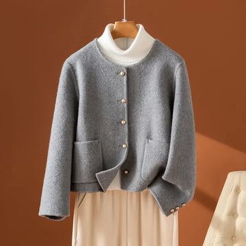 Autumn Winter New Grey Cashmere Double-Sided Short Woolen Coat Women Fashion O-Neck Long Sleeves Loose Wool Jacket Female T1501