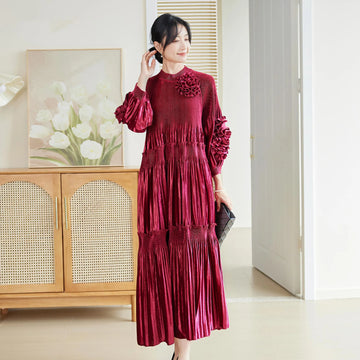 Miyake Pleated Gold Velvet Dress Women's 2026 Autumn New 3D Handmade Floral O-neck Lantern Sleeves A-line Large Hem Skirt