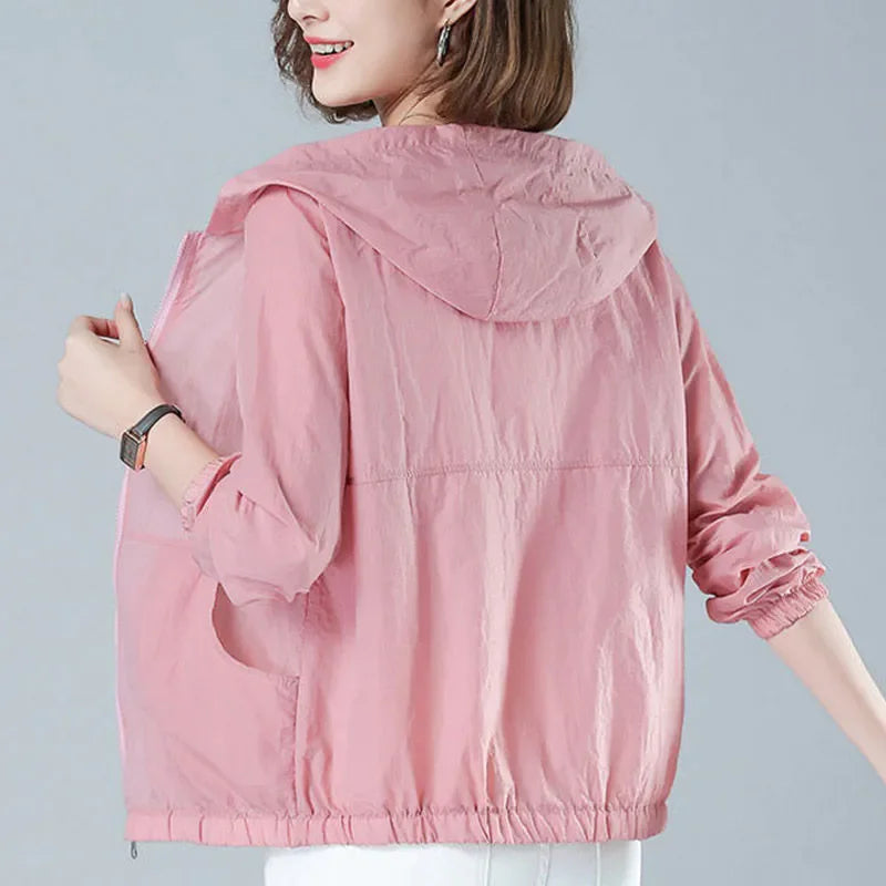 Sunscreen Clothing Women Summer New Casual Thin Breathable Hooded Coat Middle-Aged Mom Fashion Short UV Resistant Jacket T971