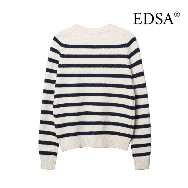 EDSA Women Striped Knitted Sweater Round Neck Long Sleeves Pullovers Spring Autumn Casual Female Tops