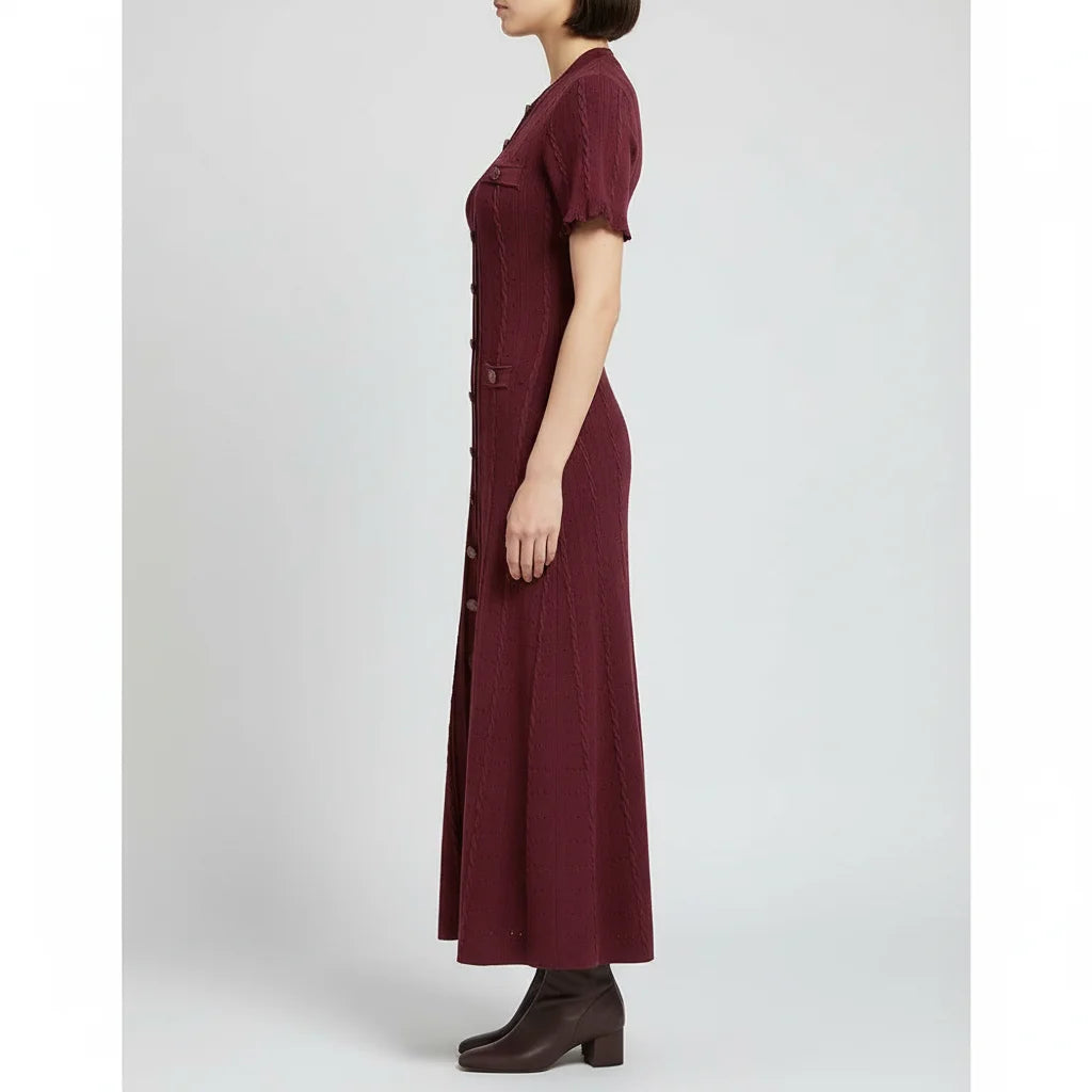 Sandro Vintage Cable Knit Midi Dress Button Front Ruffled Short Sleeve Pocket Design Elegant Party Casual Knitted Dress 2025