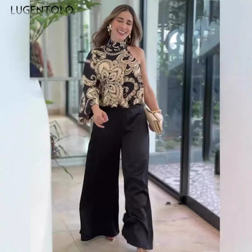 Women Fashion Blouse Wide-leg Pants Set Summer New Asymmetrical One Shoulder Top Office Lady Elegant Casual Trousers Sets