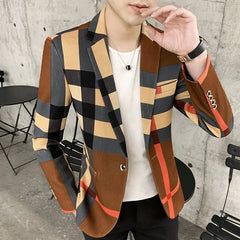 Men's Blazer 2021 Fashion British Style Contrast Plaid Stitching Pattern Striped Slim Casual High-quality Men's Clothing Jacket