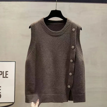 O-Neck Slit Knitted Waistcoat Women Spring Autumn 2025 New Fashion Sleeveless Jacket Knitwear Vest Loose Ladies Tops Tide T1233
