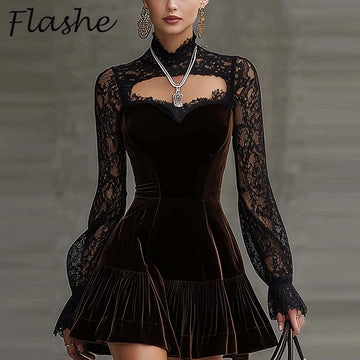 Velvet Lace Party Dress Women Sexy Hollow Out Long Sleeve A-Line Mini Dresses For Women Fashion Autumn Winter Short Dress