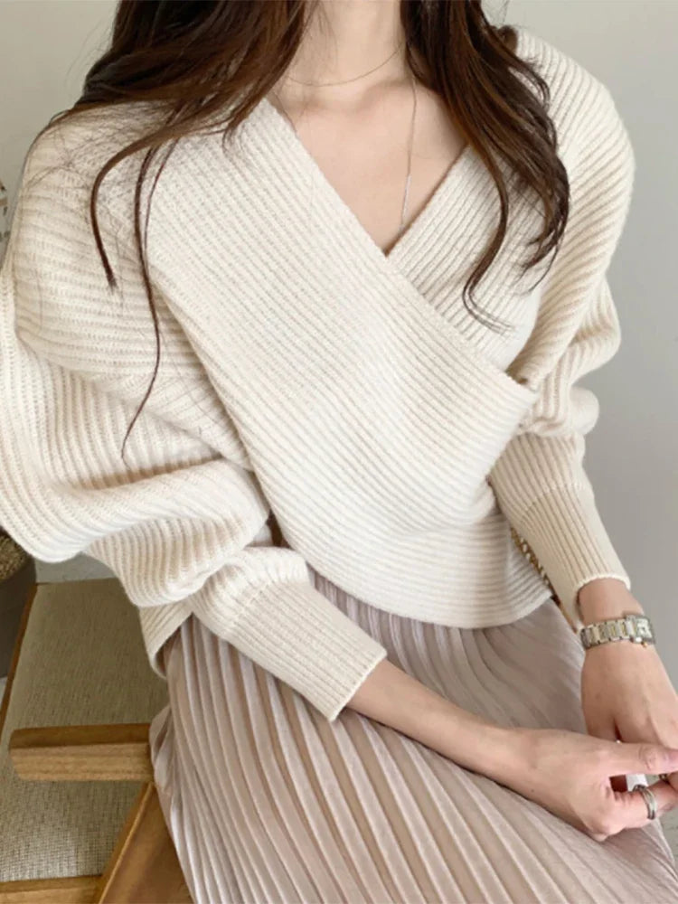 ITOOLIN Women Cross V-Neck Sweater Loose Knitting Pullovers Sweater Blouse Autumn Winter Women Long Sleeve Knitted Sweater 2025