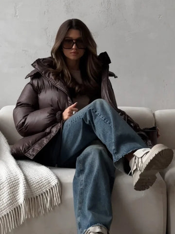 2025 Winter Women Zipper Hooded Quilted Jacket Casual Long Sleeve Pockets Oversize Warm Coats Fashion New Lady Outerwear Street