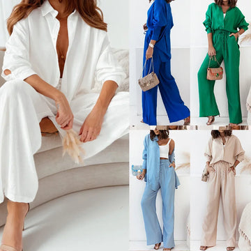 2025 new Women fashion temperament solid color lapel shirt high waist trousers two-piece suit female spring summer women sets
