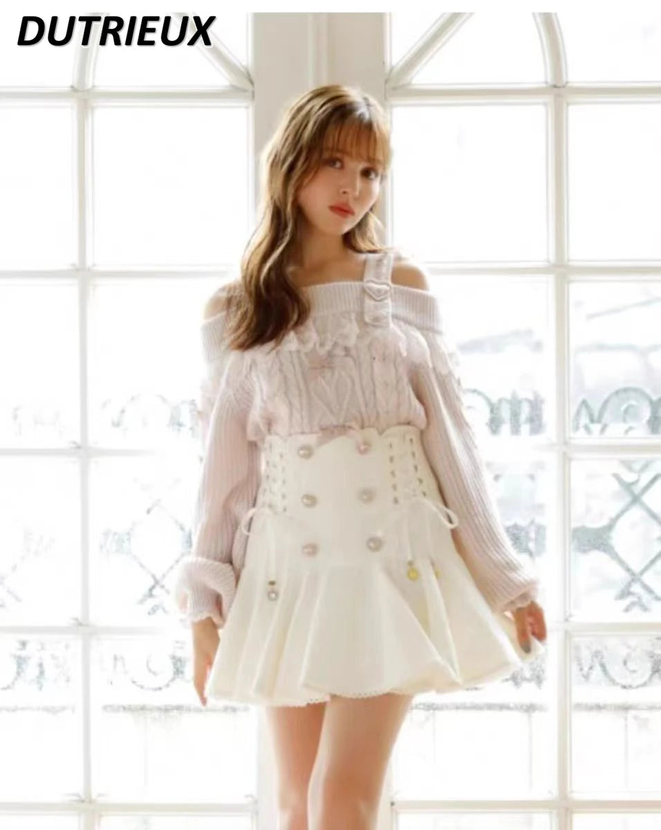 Autumn Winter Bow Decoration Long-sleeved Knitted Pullover Jumper New Suspender Off-shoulder Sexy Sweet Oversized Sweater