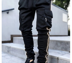 Mens Brand Gym Joggers Cargo Pants Multi-Pocket Reflect Straight Sports Fitness Casual Clothing Fashion Trousers Sweatpants