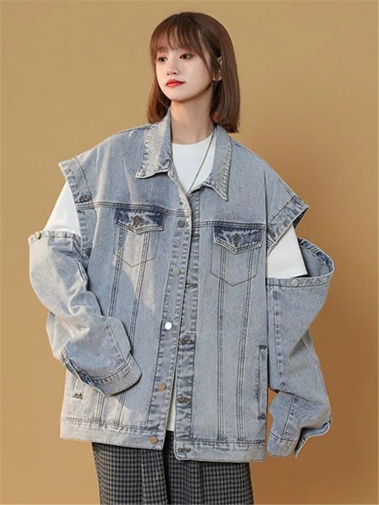 2025 New Spring Autumn Women Denim Coat Long Sleeve Fashion Loose Cowboy Outwear Detachable Sleeve Jeans Jacket Female Outwear