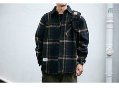 Japanese Vintage Plaid Thick Cargo Shirts For Men Clothing Harajuku High Quality Casual Coat Korean Streetwear Loose Shirt Male