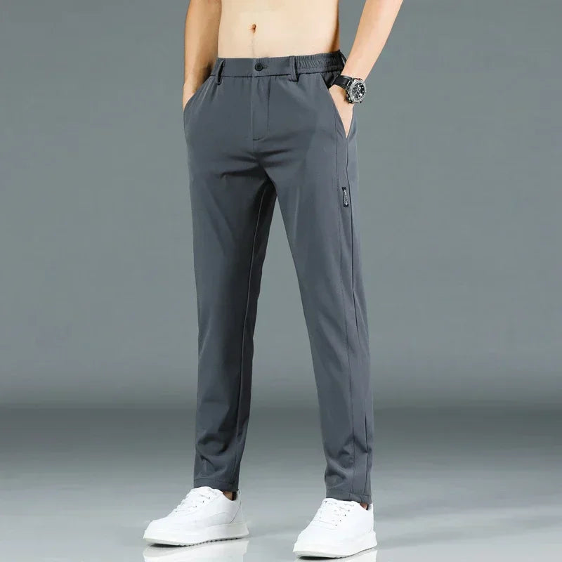 2024 Summer Thin Ice Silk Stretch Men's Pants Casual Elastic Waist Smooth Trouser Pants Male Brand Clothing 5 Colour