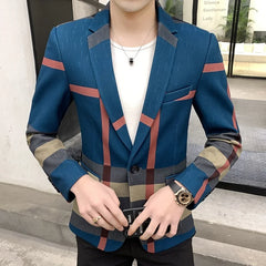 Men's Blazer 2021 Fashion British Style Contrast Plaid Stitching Pattern Striped Slim Casual High-quality Men's Clothing Jacket