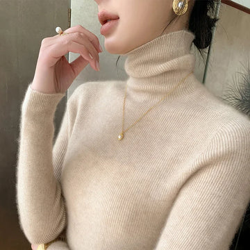 Women's 100% Pure Cashmere High Neck Pullover Slim Fit Knit Sweater Joker Detail Autumn Winter Fashion Casual Wear