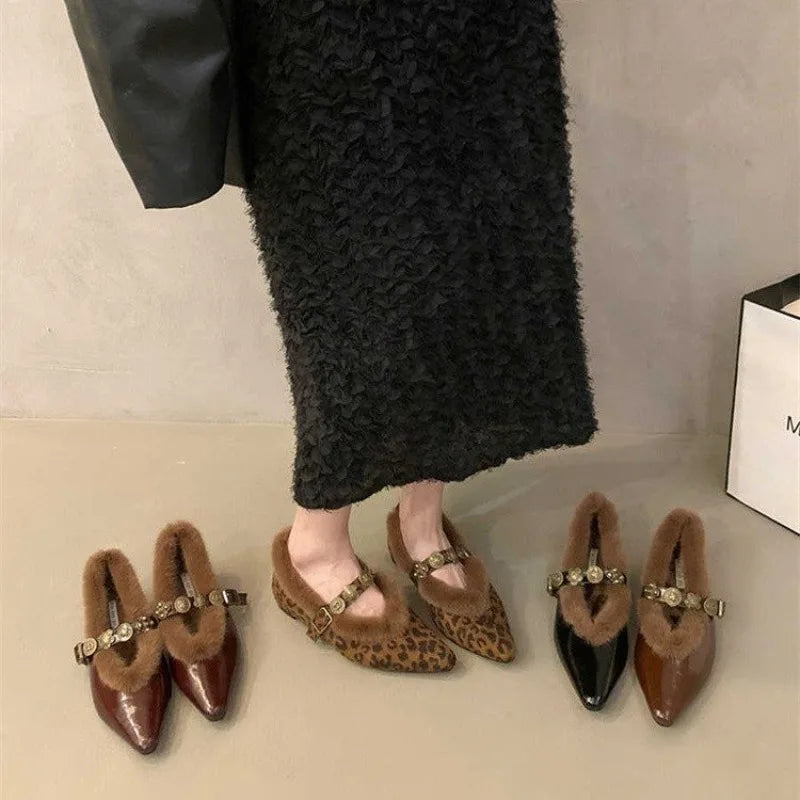 Flat Fashion Western Style Heightened Leopard Print Block Heel Autumn Thin Pointed Toe Women's Fleece Pumps