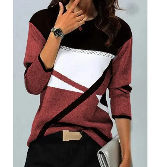 Women Autumn Winter Blouses T Shirt Geometric Contrast Long Full Sleeve Print Loose Women Shirts Spring Autumn Elegant Lady Tops