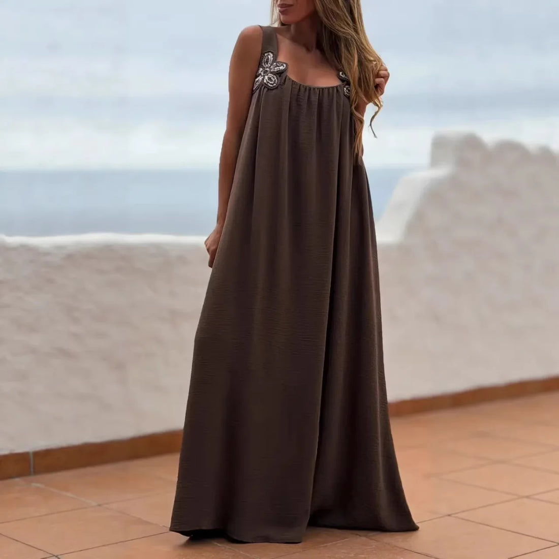 2026 New Summer Loose Maxi Dress For Women's Summer Stylish Sleeveless Flower White Casual Women Beach Holiday  Long Dresses