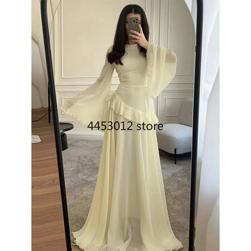 Fashion Flare Sleeve Ruff Long Dress Women Solid O-neck High Waist Slim Pleated Maxi Dresses 2025 Lady Summer Chic Party Robes
