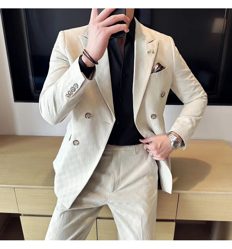 (Jacket+Pants) 2 Pieces Blue Apricot Business Party Men Suits Double Breasted Formal Style Custom Made Wedding Groom Tuxedos