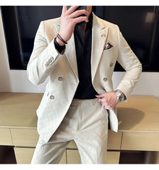 (Jacket+Pants) 2 Pieces Blue Apricot Business Party Men Suits Double Breasted Formal Style Custom Made Wedding Groom Tuxedos