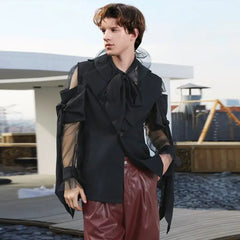 Men's Blazer Patchwork Lapel Off Shoulder Short Sleeve One Button Fashion Suits Men Streetwear 2024 Casual Thin Coats INCERUN