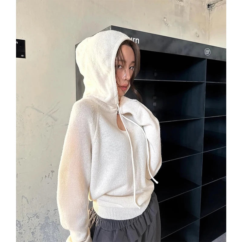 MEXZT Hooded Black Sweater Women Streetwear Long Sleeve Knitted Pullovers Fashion Hollow Out Knitwears Winter Casual Jumpers New
