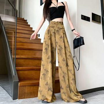 2025 New Vintage Jacquard Satin Wide-Leg Pants Women Spring Summer Fashion Trousers Ladies Loose High Waist Pants Female T949