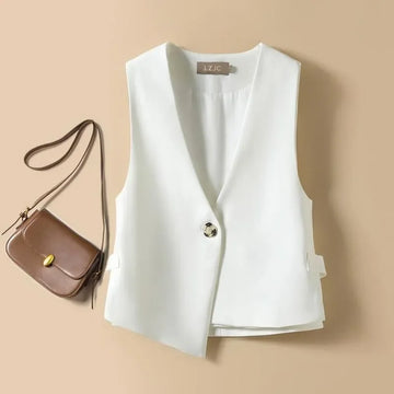Thin Vest Women Single Button V-Neck Casual Short Tops 2025 Summer New Office Ladies Asymmetry Sleeveless Jacket Waistcoat T1096