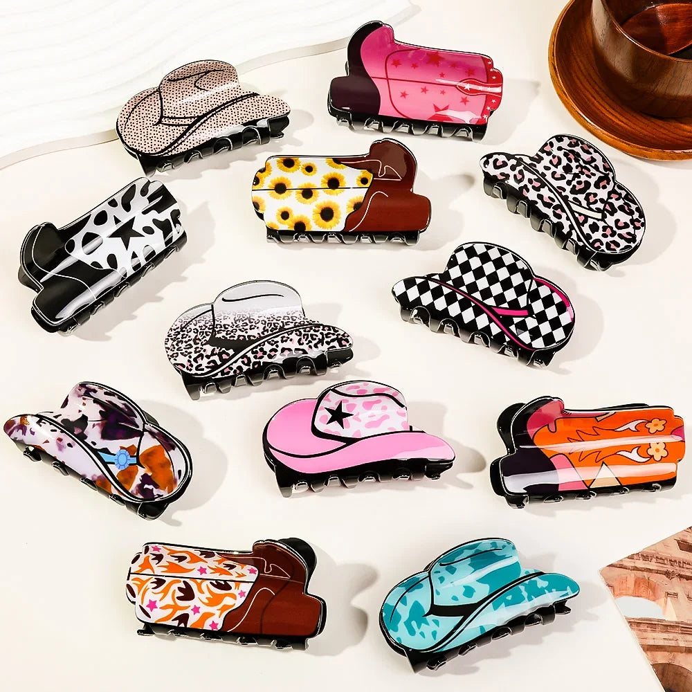 New Hip hop Western Cowboy Hat Boots Acrylic Hair Claw for Women Girls Vintage Ponytail Holder Shark Clip Barrette Accessories