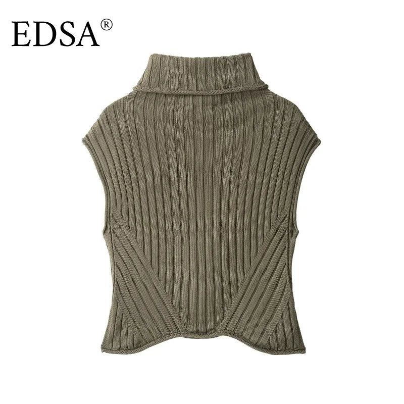 EDSA Women High Neck Knitted Vest Sleeveless Asymmetric Hem Side Vents Sweater Vests Pullovers