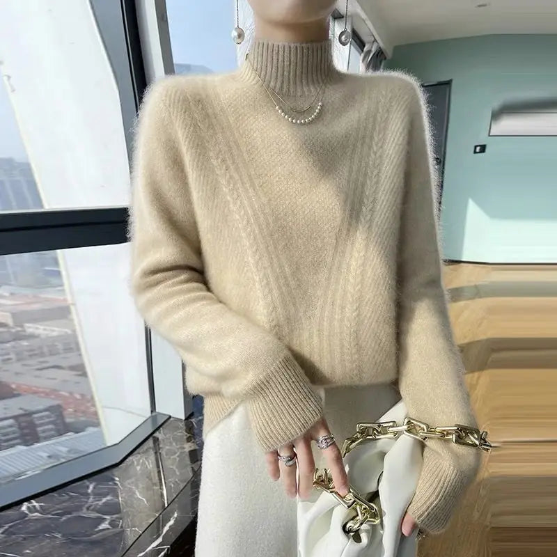 New Autumn Winter Knitted Sweater Fashionable Light Luxury Half Turtleneck Top Wearing Versatile Women's