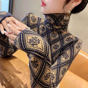 Women Clothing Fashion Turtleneck Argyle Knit Pullovers Autumn Winter Elegant Chic Slim Long Sleeve Sweaters Office Lady Y2K Top