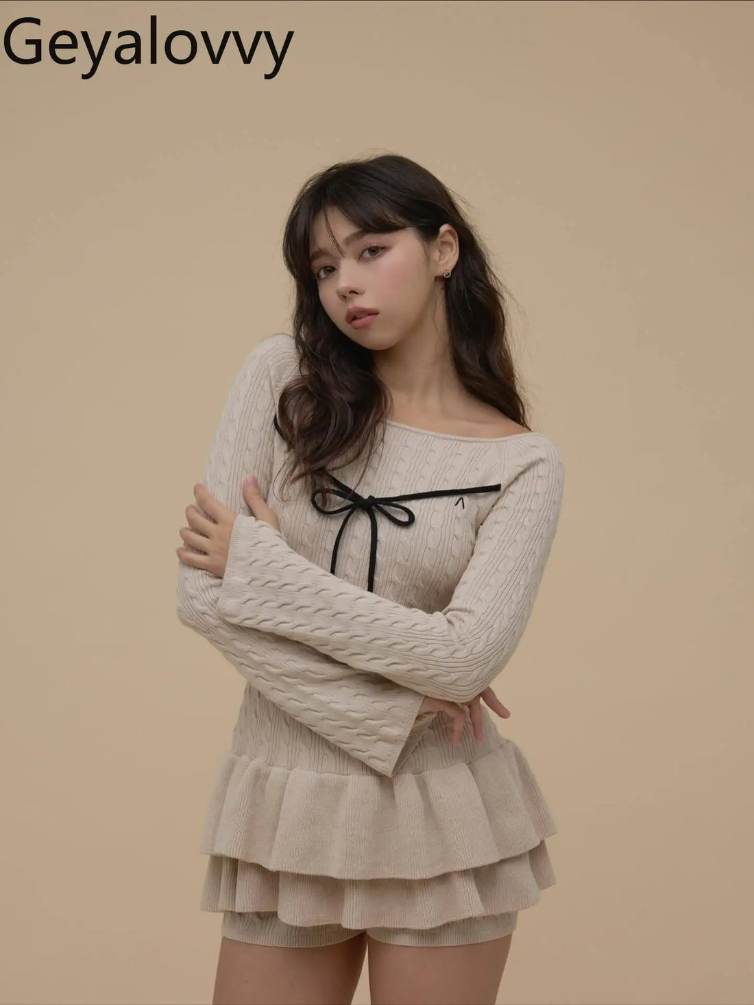 Japanese Style Fashion Sweet Girls Ruffled Tie Sweater Long Sleeve Knitted Top and High Waist Slim Shorts Two-Piece Set