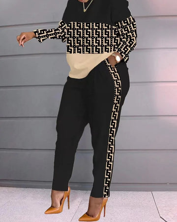 Women Print Two Piece Pant Sets Long Sleeve Tops O-Neck Splice Shirt High Waist Trousers Suits Spring 2 Piece Sets Woman Outfit