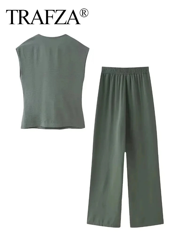 HH Woman Summer Pant Sets Fashion V-neck Short Sleeve Blouses Slim Shirt Tops Female Elegant Asymmetrical Lace-up Pants