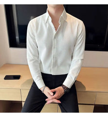 Waffle Spring Autumn Men's Shirt Casual and Slim Long Sleeve Solid Polo Neck Shirt Non Iron Wrinkle Resistant Business Tops