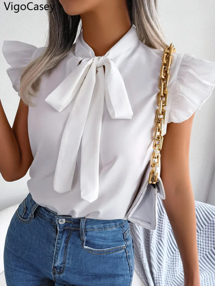 VigoCasey 2025 Female Elegant Tied Bow Chiffon Shirt Women Solid Ruffle Sleeveless Top Summer Office Lady Pullover Tops Clothes