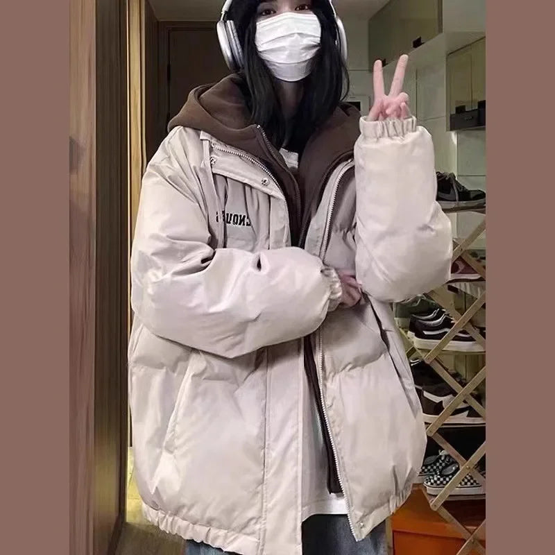Hot Sale Of The Season Winter Thickened Cotton Jacket Women's Casual High Street Style Student Fake Two-Piece Retro Cotton Coat