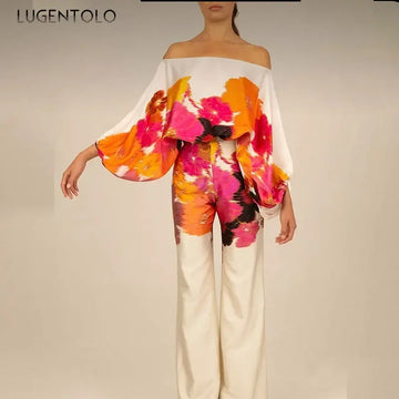 Women Elegant 2 Piece Set Fashion Print Batwing Sleeves Off-the-Shoulder Top Temperament High Waist Wide Leg Pants Party Apparel