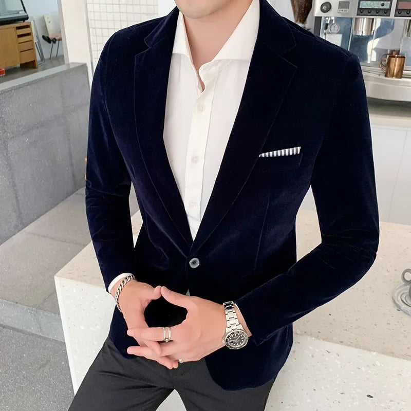 2024 Autumn Men Slim Blazer Formal Wear Dress Burgundy Velvet Blazers Male Fashion Casual Suits Jackets