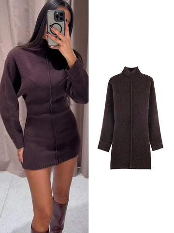 TFMLN Women Knit Dresses Elegant Autumn Winter New Turtleneck Long Sleeves Solid Color Mini Dresses Lady Casual Knitted Dress